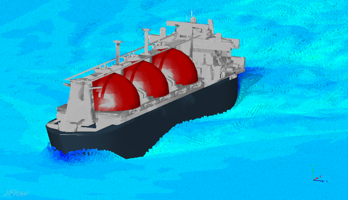 External hydrodynamics XFlow provides a virtual water channel module for free surface simulations. It can be used to analyze the flow around ship hulls, predict their resistance, seakeeping, loads on components, and the downstream wake of both surface and submerged watercraft. 